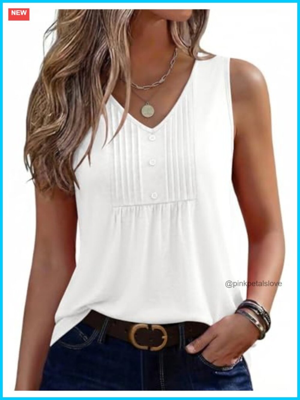 Women's Sleeveless Pleated V-Neck Tunic Tank Top Flowy Boho Blouse